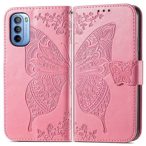 Leather Case Stands Butterfly Flip Cover Holder for Motorola Moto G31 Hot Pink