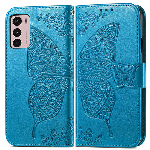Leather Case Stands Butterfly Flip Cover Holder for Motorola Moto G42 Blue