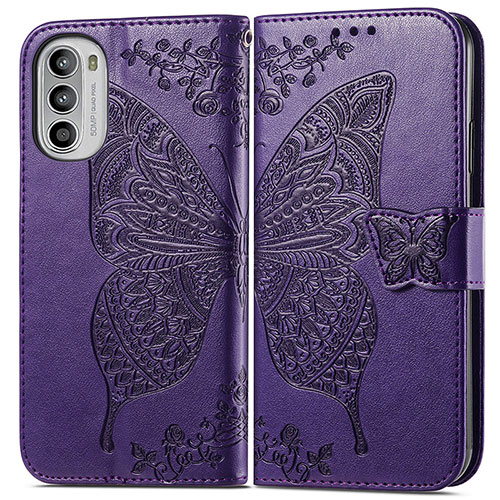 Leather Case Stands Butterfly Flip Cover Holder for Motorola Moto G52j 5G Purple