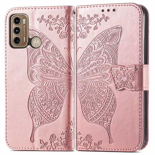 Leather Case Stands Butterfly Flip Cover Holder for Motorola Moto G60 Pink
