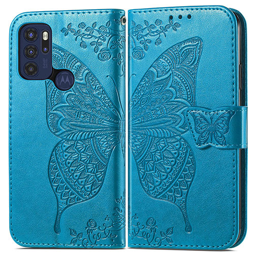 Leather Case Stands Butterfly Flip Cover Holder for Motorola Moto G60s Blue