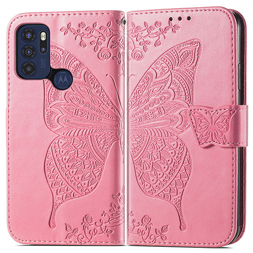 Leather Case Stands Butterfly Flip Cover Holder for Motorola Moto G60s Hot Pink