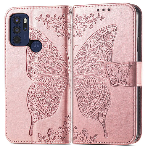 Leather Case Stands Butterfly Flip Cover Holder for Motorola Moto G60s Pink