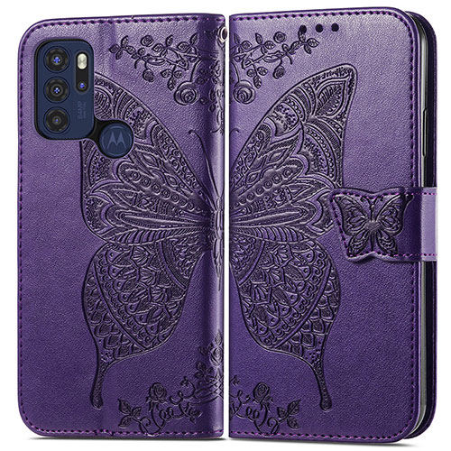 Leather Case Stands Butterfly Flip Cover Holder for Motorola Moto G60s Purple