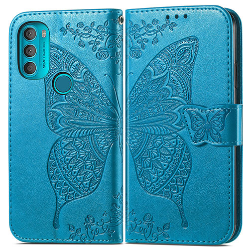 Leather Case Stands Butterfly Flip Cover Holder for Motorola Moto G71 5G Blue