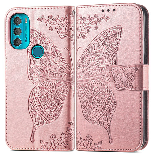 Leather Case Stands Butterfly Flip Cover Holder for Motorola Moto G71 5G Pink