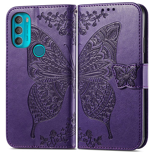 Leather Case Stands Butterfly Flip Cover Holder for Motorola Moto G71 5G Purple