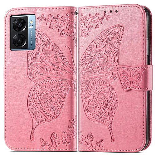 Leather Case Stands Butterfly Flip Cover Holder for OnePlus Nord N300 5G Hot Pink