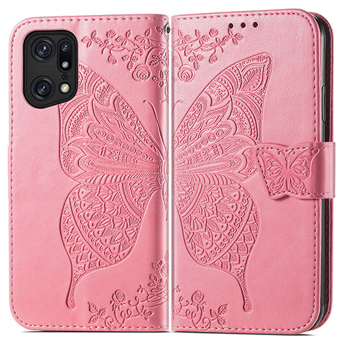 Leather Case Stands Butterfly Flip Cover Holder for Oppo Find X5 5G Hot Pink
