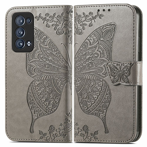 Leather Case Stands Butterfly Flip Cover Holder for Oppo Reno6 Pro 5G Gray
