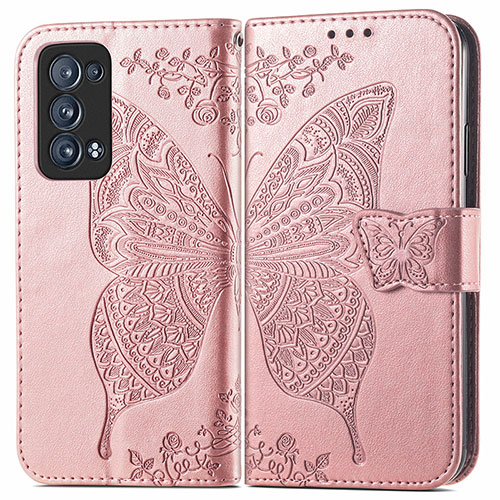 Leather Case Stands Butterfly Flip Cover Holder for Oppo Reno6 Pro+ Plus 5G Pink