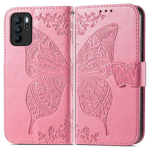 Leather Case Stands Butterfly Flip Cover Holder for Oppo Reno6 Z 5G Hot Pink
