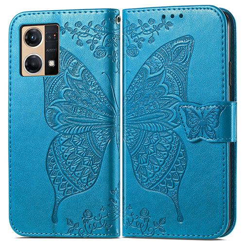 Leather Case Stands Butterfly Flip Cover Holder for Oppo Reno7 4G Blue