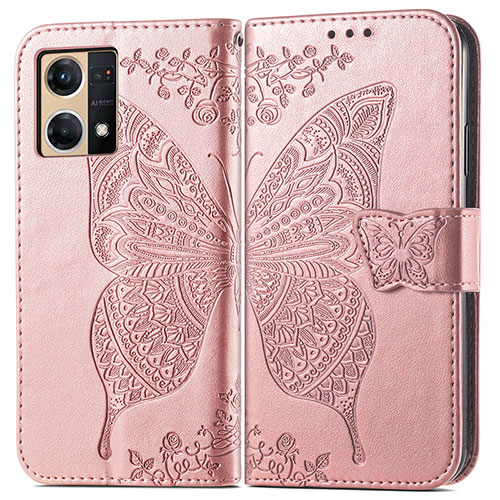 Leather Case Stands Butterfly Flip Cover Holder for Oppo Reno7 4G Pink