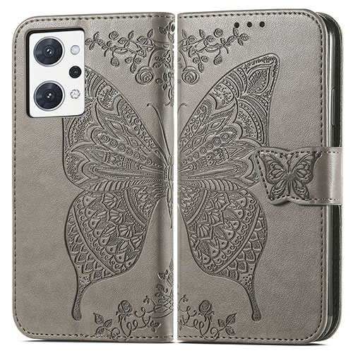 Leather Case Stands Butterfly Flip Cover Holder for Oppo Reno7 A Gray