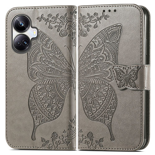 Leather Case Stands Butterfly Flip Cover Holder for Realme 10 Pro+ Plus 5G Gray