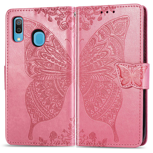 Leather Case Stands Butterfly Flip Cover Holder for Samsung Galaxy A20 Hot Pink