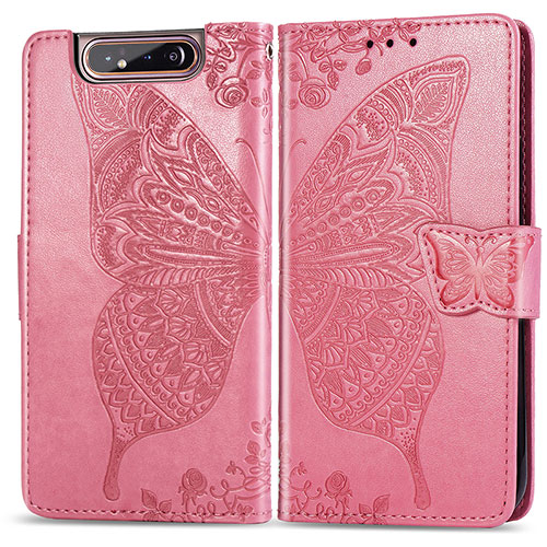 Leather Case Stands Butterfly Flip Cover Holder for Samsung Galaxy A80 Hot Pink
