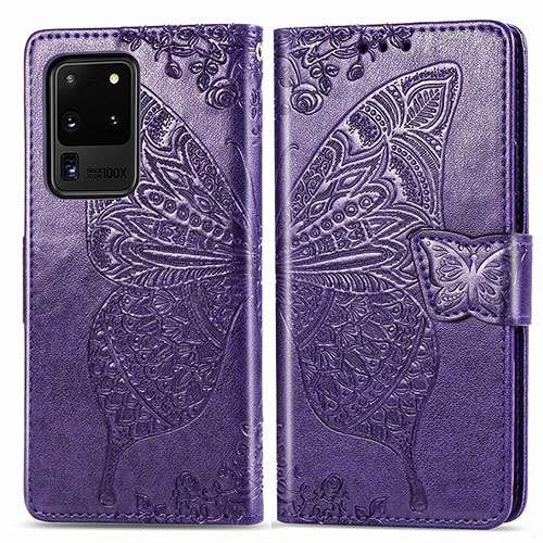 Leather Case Stands Butterfly Flip Cover Holder for Samsung Galaxy S20 Ultra 5G Purple