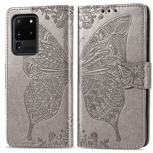 Leather Case Stands Butterfly Flip Cover Holder for Samsung Galaxy S20 Ultra Gray