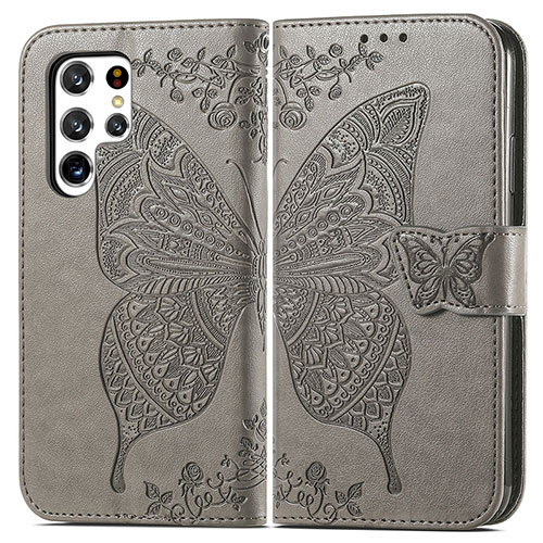 Leather Case Stands Butterfly Flip Cover Holder for Samsung Galaxy S21 Ultra 5G Gray
