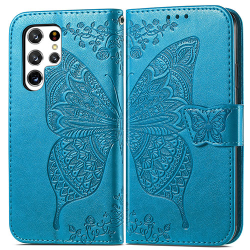 Leather Case Stands Butterfly Flip Cover Holder for Samsung Galaxy S22 Ultra 5G Blue