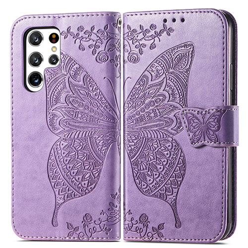 Leather Case Stands Butterfly Flip Cover Holder for Samsung Galaxy S22 Ultra 5G Clove Purple