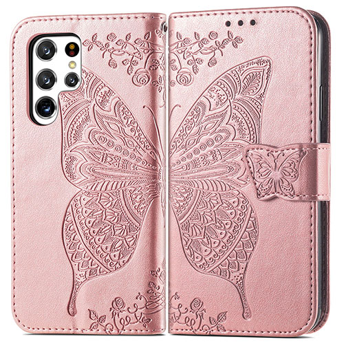 Leather Case Stands Butterfly Flip Cover Holder for Samsung Galaxy S23 Ultra 5G Pink