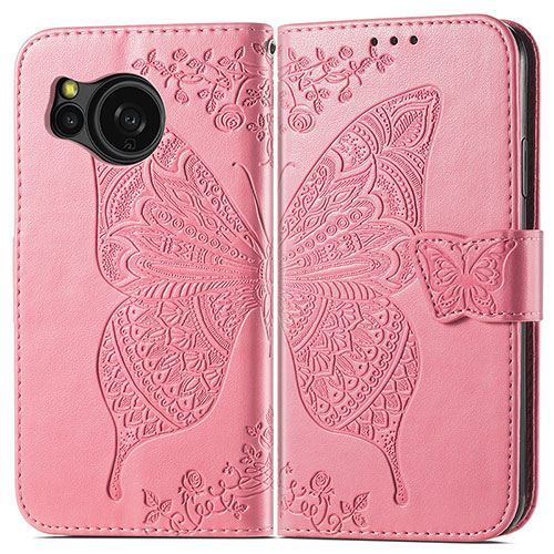 Leather Case Stands Butterfly Flip Cover Holder for Sharp Aquos Sense8 Hot Pink