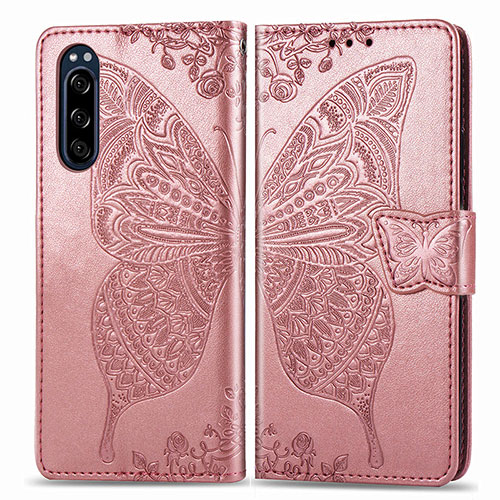 Leather Case Stands Butterfly Flip Cover Holder for Sony Xperia 5 Pink