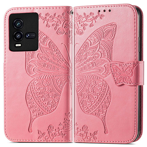 Leather Case Stands Butterfly Flip Cover Holder for Vivo iQOO 10 5G Hot Pink