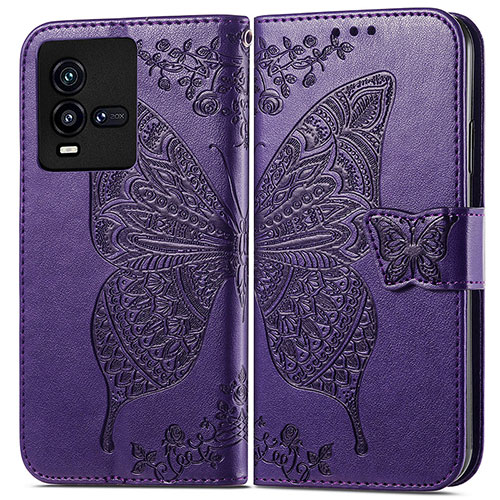 Leather Case Stands Butterfly Flip Cover Holder for Vivo iQOO 10 5G Purple