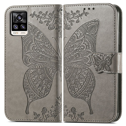 Leather Case Stands Butterfly Flip Cover Holder for Vivo V20 (2021) Gray