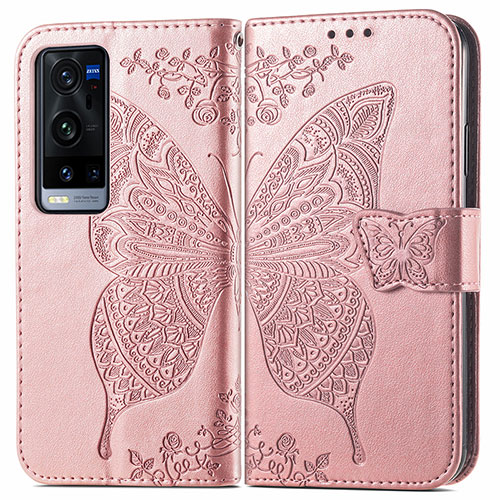 Leather Case Stands Butterfly Flip Cover Holder for Vivo X60 Pro+ Plus 5G Pink