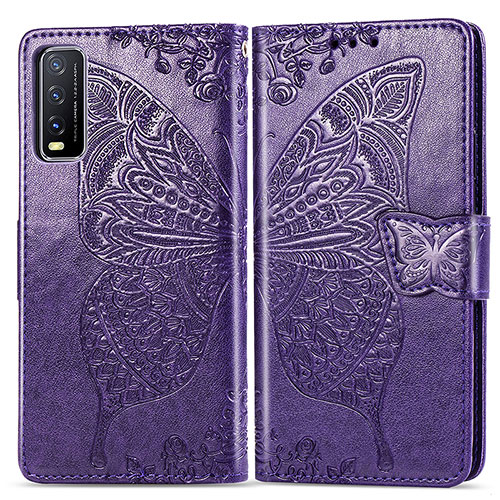 Leather Case Stands Butterfly Flip Cover Holder for Vivo Y11s Purple