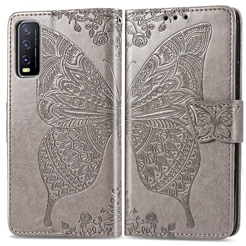 Leather Case Stands Butterfly Flip Cover Holder for Vivo Y20 Gray