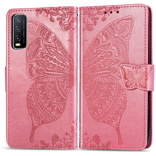 Leather Case Stands Butterfly Flip Cover Holder for Vivo Y20 Hot Pink