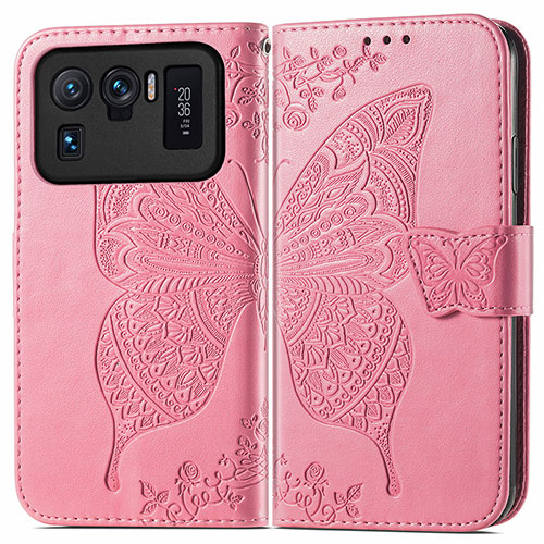 Leather Case Stands Butterfly Flip Cover Holder for Xiaomi Mi 11 Ultra 5G Hot Pink