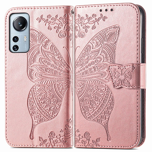 Leather Case Stands Butterfly Flip Cover Holder for Xiaomi Mi 12 5G Pink