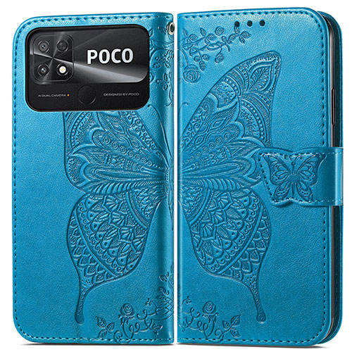 Leather Case Stands Butterfly Flip Cover Holder for Xiaomi Poco C40 Blue