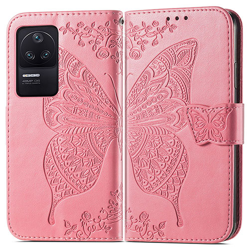 Leather Case Stands Butterfly Flip Cover Holder for Xiaomi Poco F4 5G Hot Pink