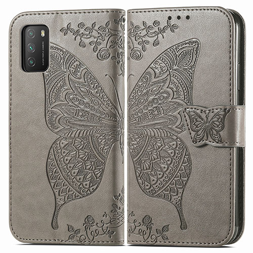 Leather Case Stands Butterfly Flip Cover Holder for Xiaomi Poco M3 Gray