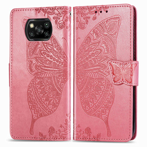 Leather Case Stands Butterfly Flip Cover Holder for Xiaomi Poco X3 Pro Hot Pink