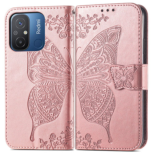 Leather Case Stands Butterfly Flip Cover Holder for Xiaomi Redmi 12C 4G Pink