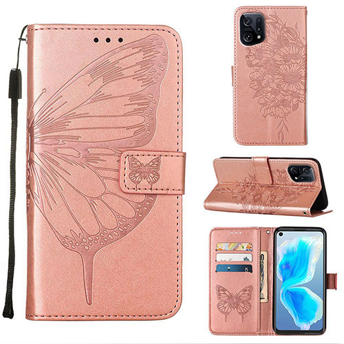 Leather Case Stands Butterfly Flip Cover Holder Y01B for Oppo Find X5 5G Rose Gold