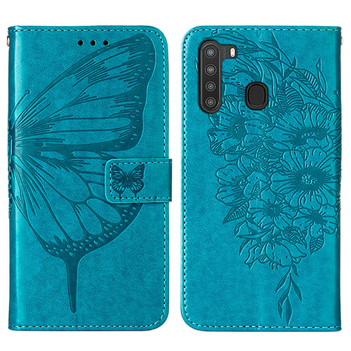 Leather Case Stands Butterfly Flip Cover Holder Y01B for Samsung Galaxy A21 Blue