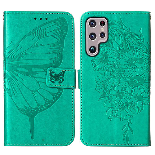 Leather Case Stands Butterfly Flip Cover Holder Y06B for Samsung Galaxy S21 Ultra 5G Green