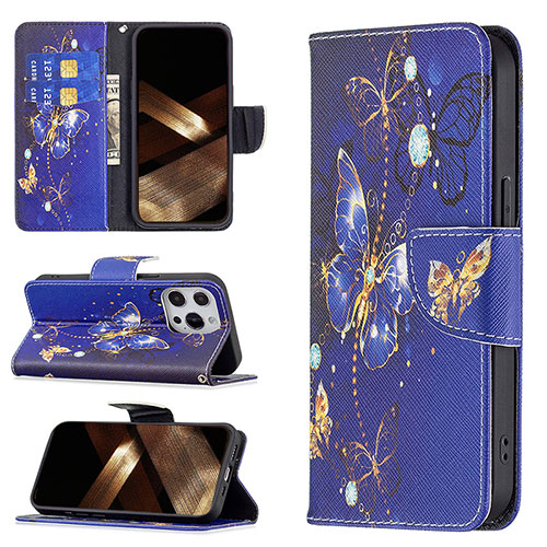 Leather Case Stands Butterfly Flip Cover L07 Holder for Apple iPhone 14 Pro Navy Blue