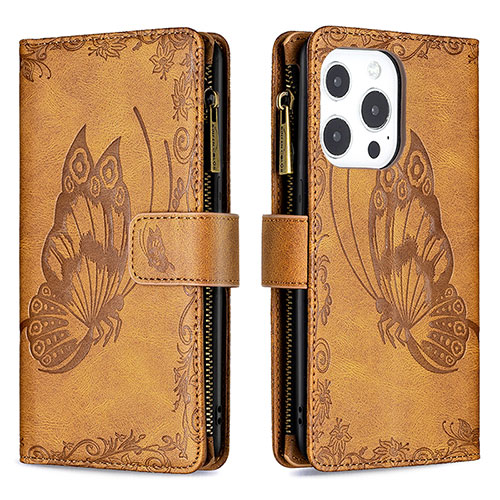 Leather Case Stands Butterfly Flip Cover L08 Holder for Apple iPhone 14 Pro Brown