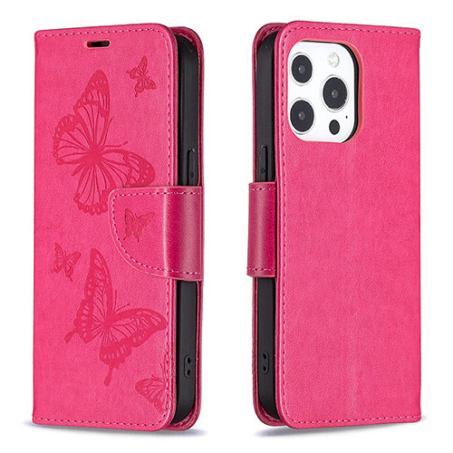 Leather Case Stands Butterfly Flip Cover L09 Holder for Apple iPhone 14 Pro Hot Pink